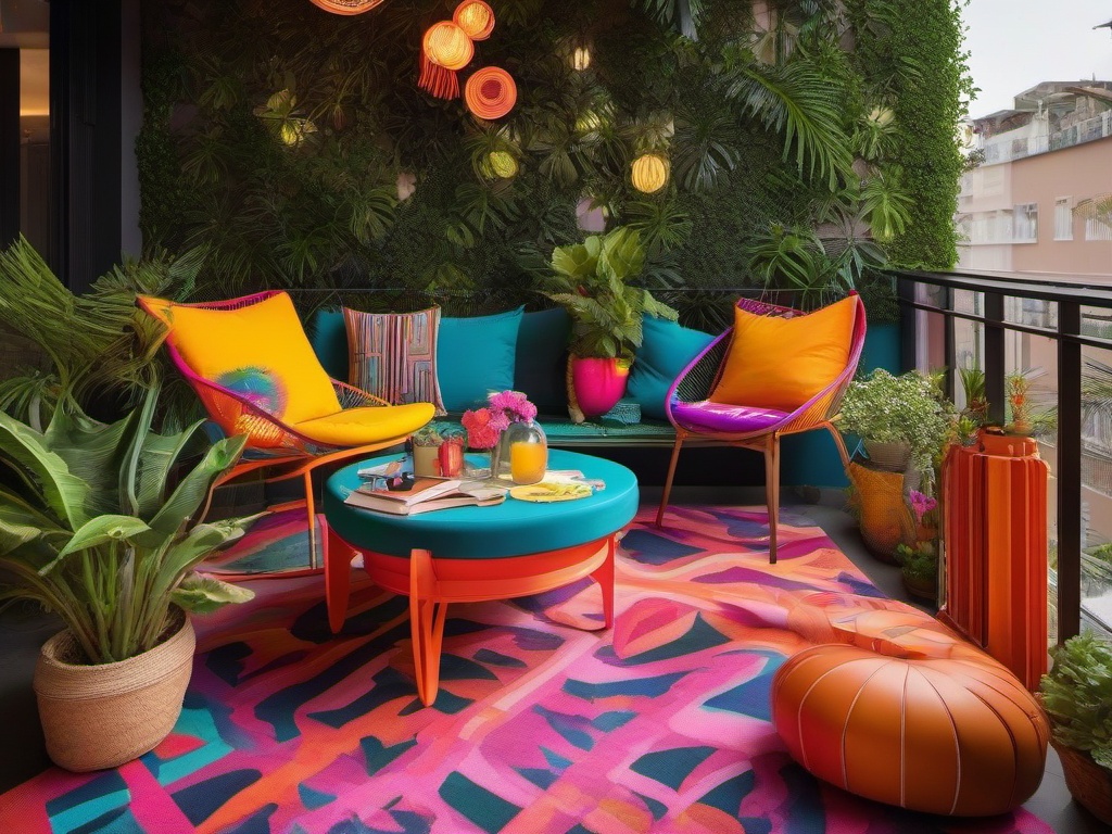 The balcony showcases psychedelic interior design with colorful outdoor furniture, vibrant plants, and whimsical decor that creates a lively space for relaxation and enjoyment.  