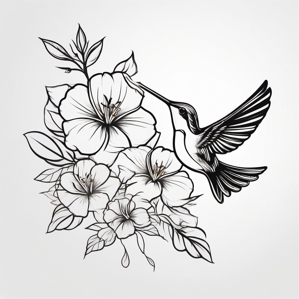 Flower And Hummingbird Tattoo - Hummingbird with flower  minimalist tattoo design, white background