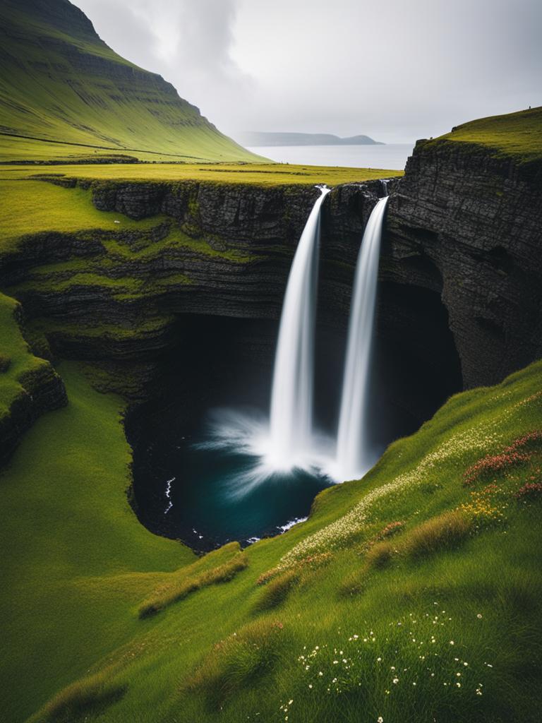 faroe islands - hikes to remote, hidden waterfalls cascading down cliffs into the north atlantic. 