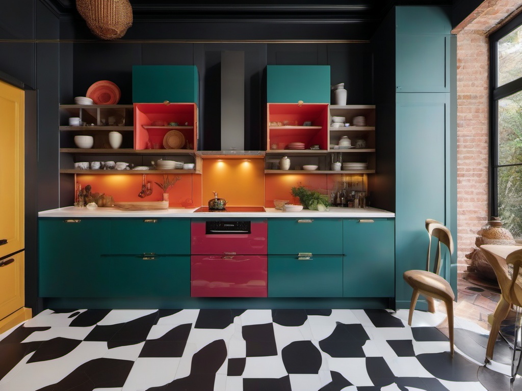 In the kitchen, maximalist interior design includes striking tiles, colorful cabinetry, and decorative accents that make cooking a joyous and visually stimulating activity.  