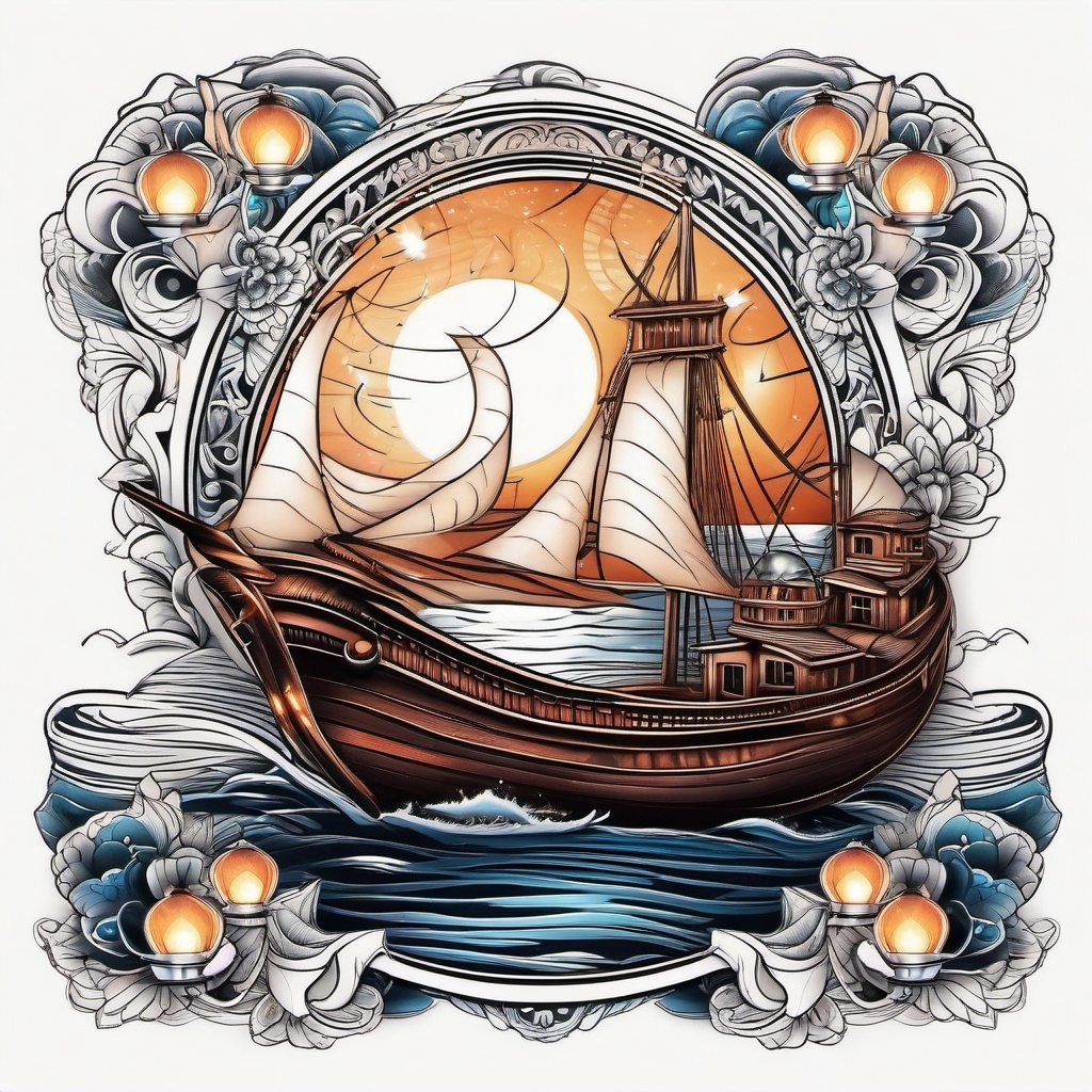 Wooden boat with lanterns tattoo. Illuminating the night waters.  color tattoo, white background