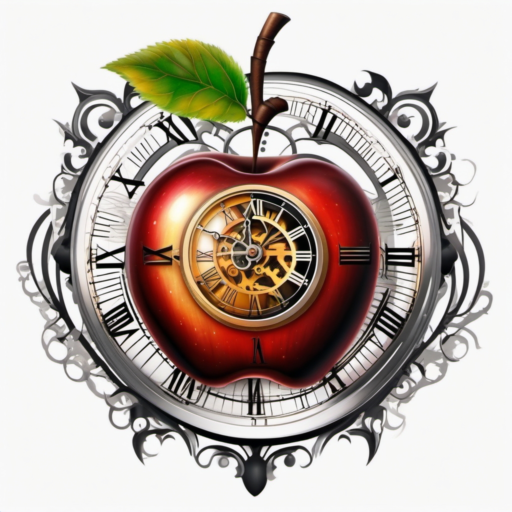 Clockwork apple tattoo. Mechanism of time.  color tattoo minimalist white background