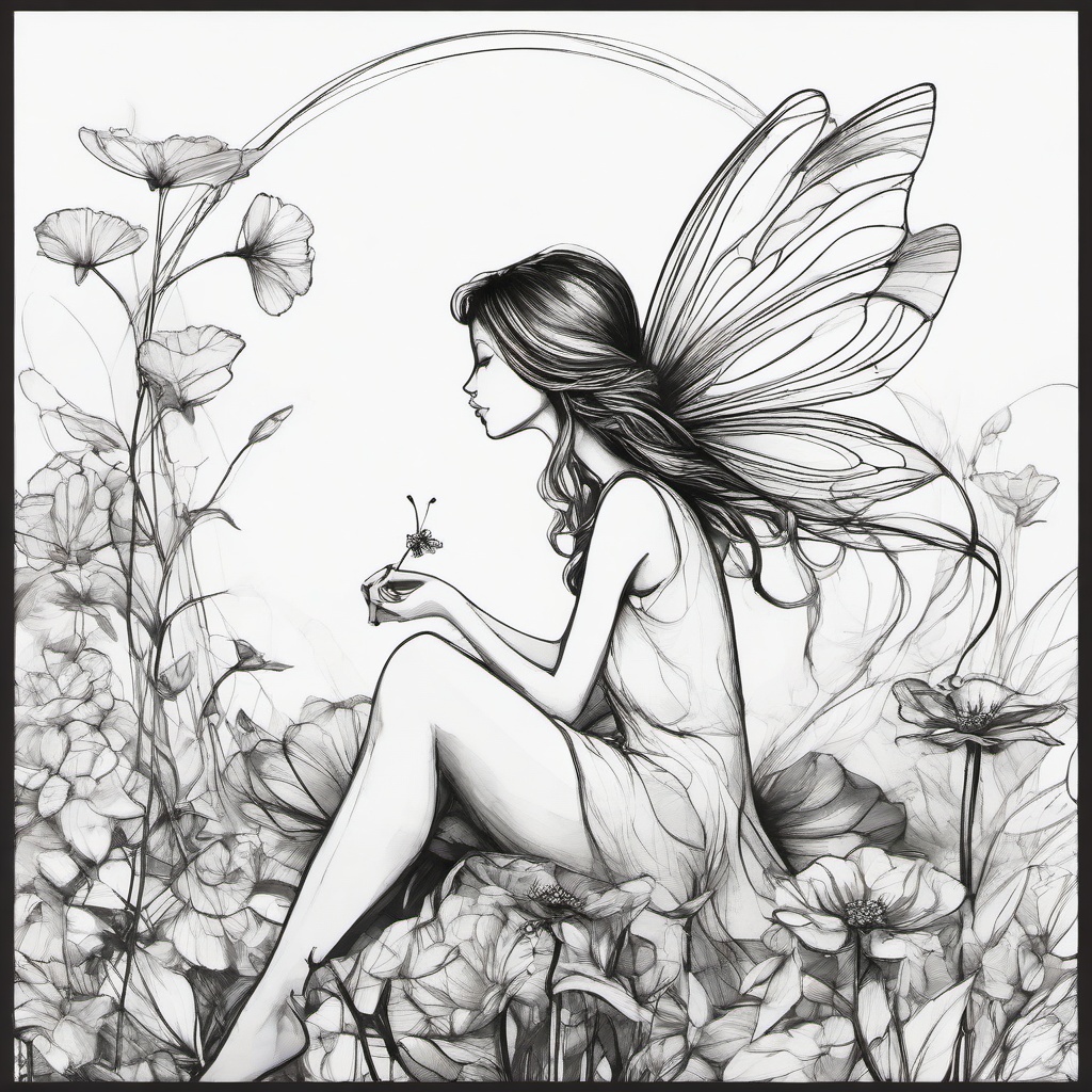 drawing of a fairy sitting on a flower  minimal rough sketch scribbles,doodles,black and white