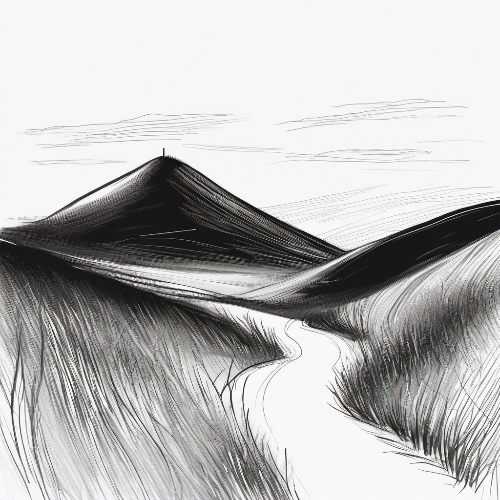 drawing of a hill in the countryside  minimal rough sketch scribbles,doodles,black and white