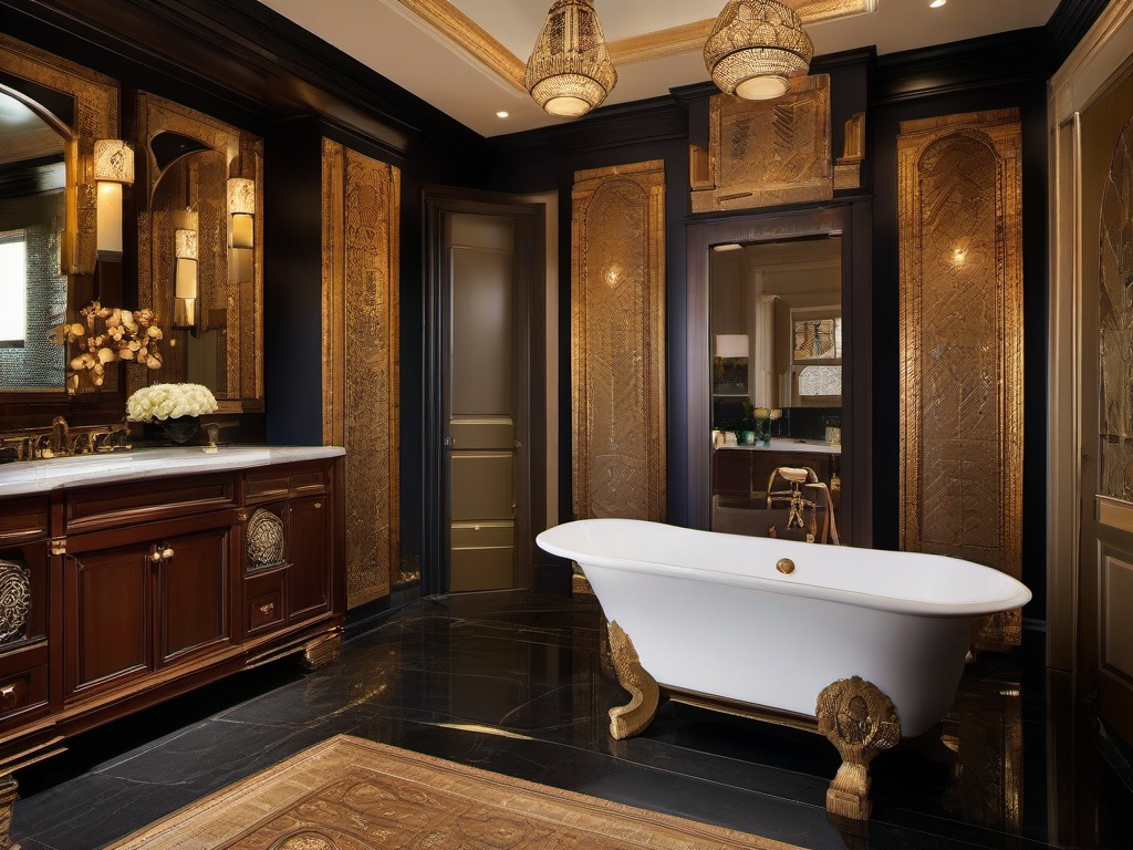 A master bathroom with Egyptian Revival interior design incorporates rich materials, ornate fixtures, and decorative motifs that evoke a luxurious and historical atmosphere for relaxation.  