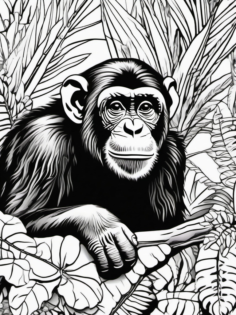 Chimpanzee Coloring Pages - Intelligent Jungle Primates  black outline printable coloring page