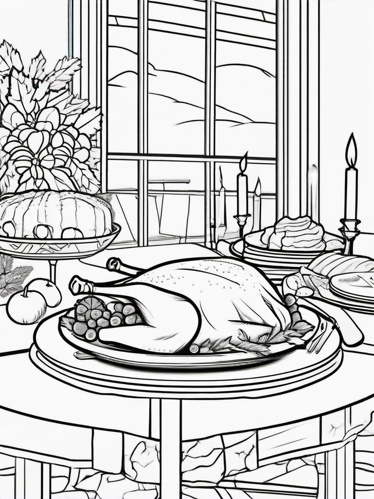 Turkey and Pie Feast Coloring Pages - Ready for a Thanksgiving Feast  minimal black outline printable sheet, coloring page