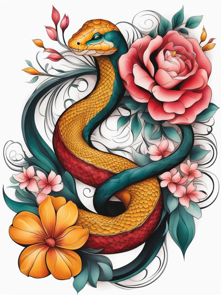 Flower and snake tattoo, Artistic tattoos that combine the beauty of flowers with the symbolism of snakes. ,colorful, tattoo pattern, clean white background