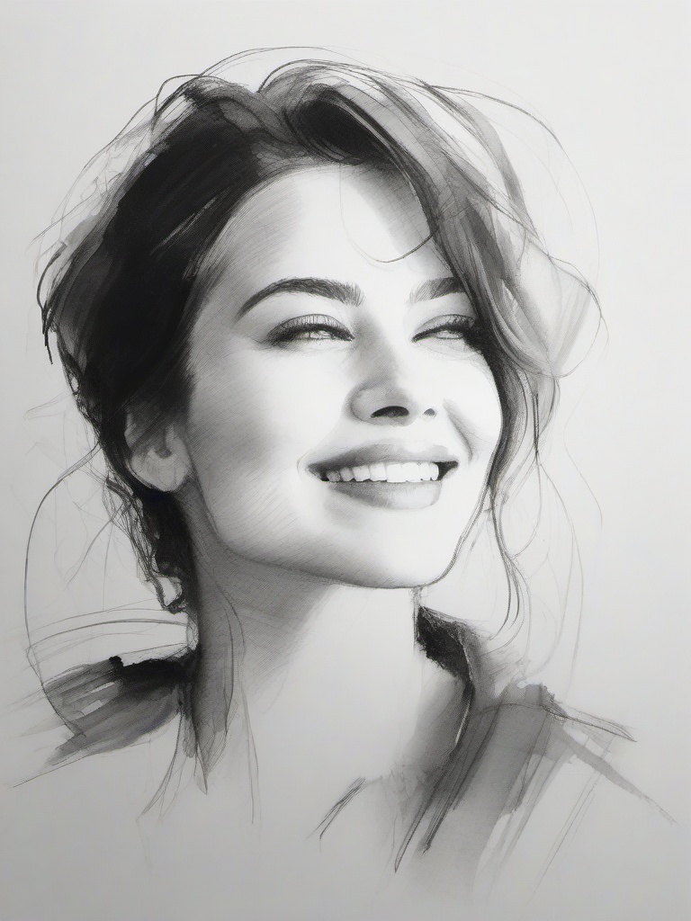 drawing of a woman smiling gently  minimal rough sketch scribbles,doodles,black and white