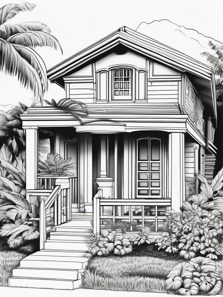 House Coloring Pages - Bungalow with a front porch and tropical plants  simple coloring pages