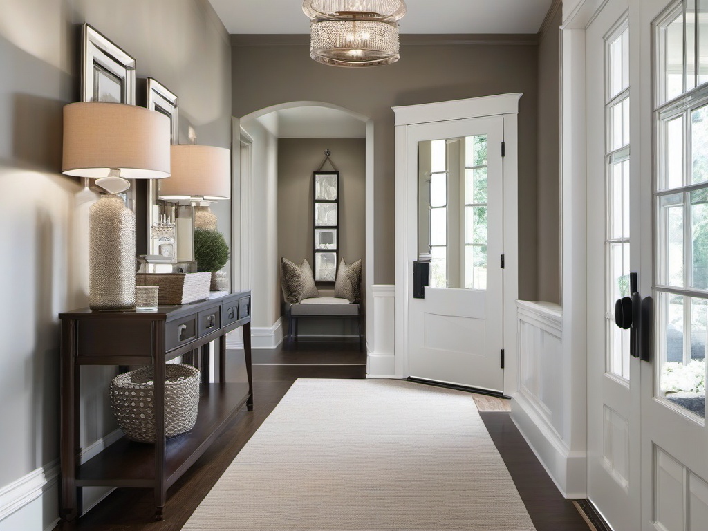 Transitional entryway blends modern and traditional elements with a neutral palette and practical layouts, maximizing style and function.  