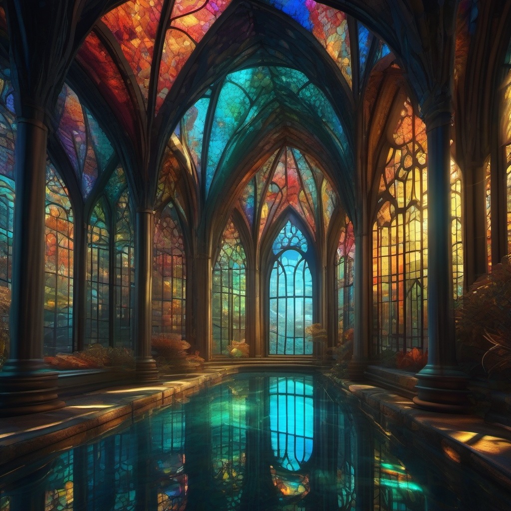Surreal underwater city with photorealistic 3D rendering and HDR illumination  in stained glass style.
