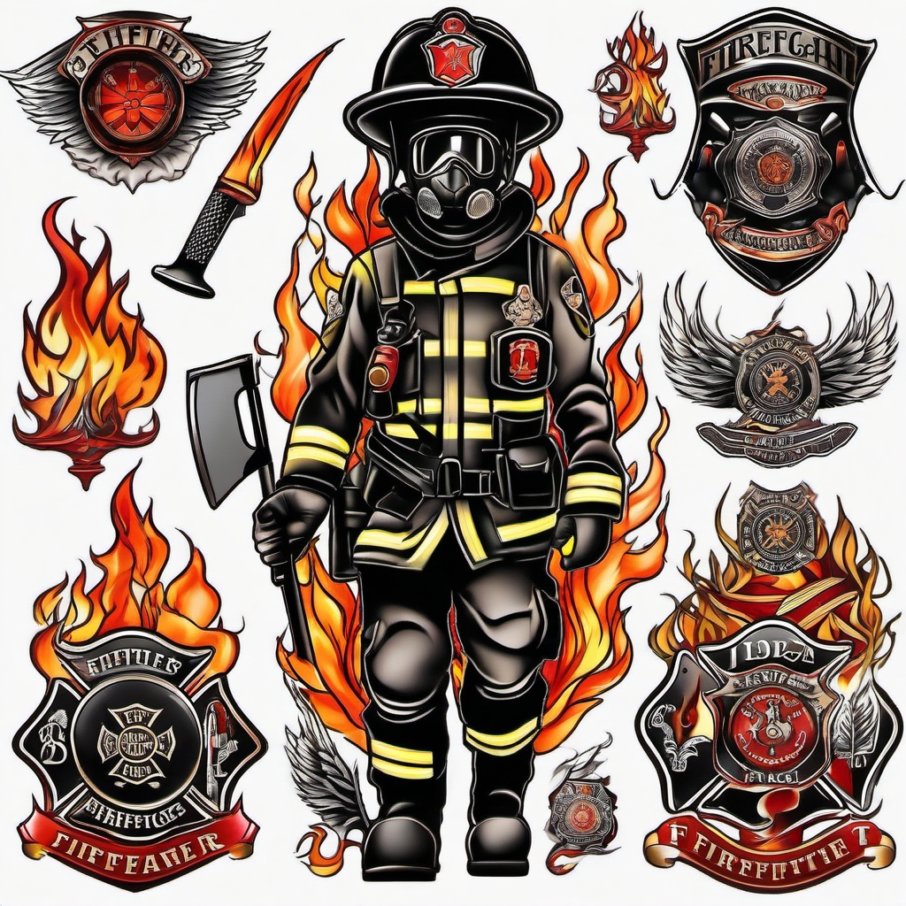 badass firefighter tattoos  simple color tattoo style,white background