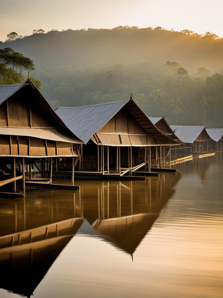 indonesian longhouses, with tribal carvings, line the rivers of borneo, indonesia. 