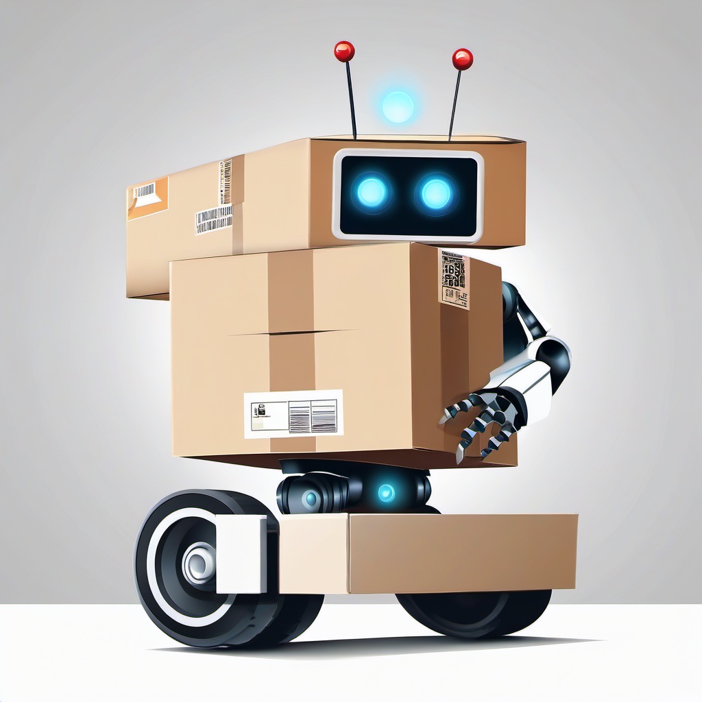 Robot delivering a package clipart.  vector style illustration, white background