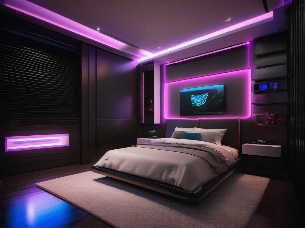 The master bedroom embraces cyberpunk interior design with a sleek bed, neon-accented wall art, and smart lighting that creates a dynamic and inviting environment for rest.  