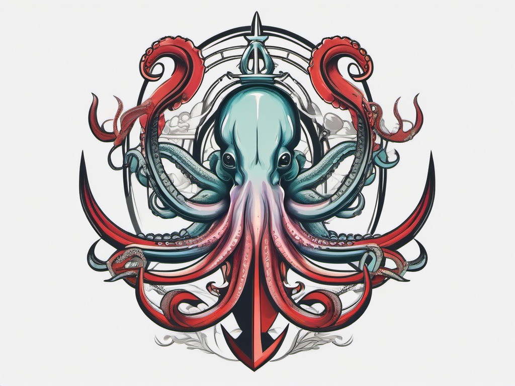 Octopus and Anchor Tattoo - Symbolize strength and connection to the sea with a tattoo featuring both an octopus and an anchor.  simple vector color tattoo,minimal,white background