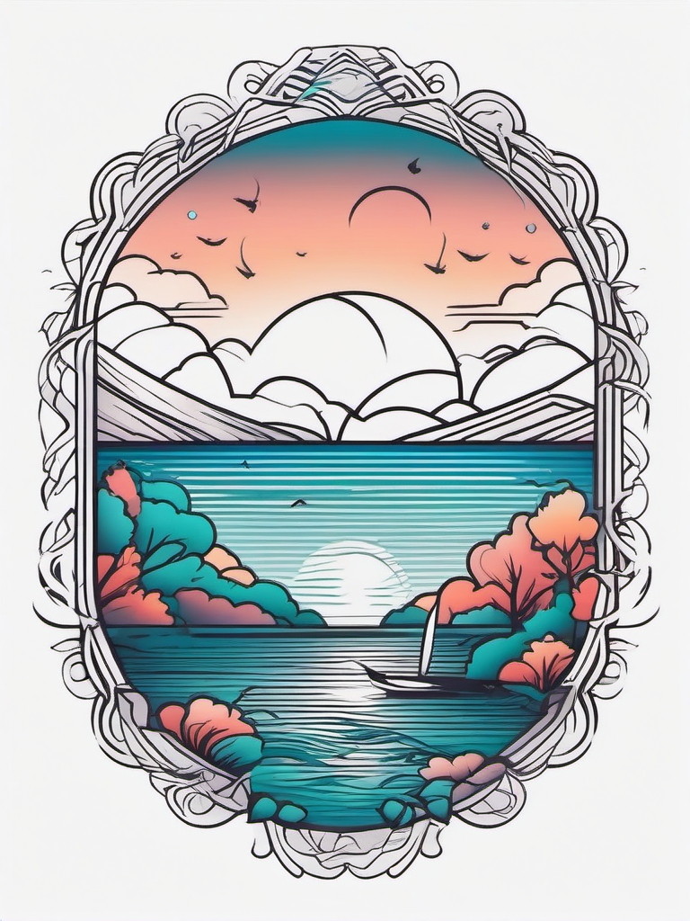 Dream Tattoo Serenity - Immerse in serene landscapes with a dream-themed tattoo.  outline color tattoo,minimal,white background