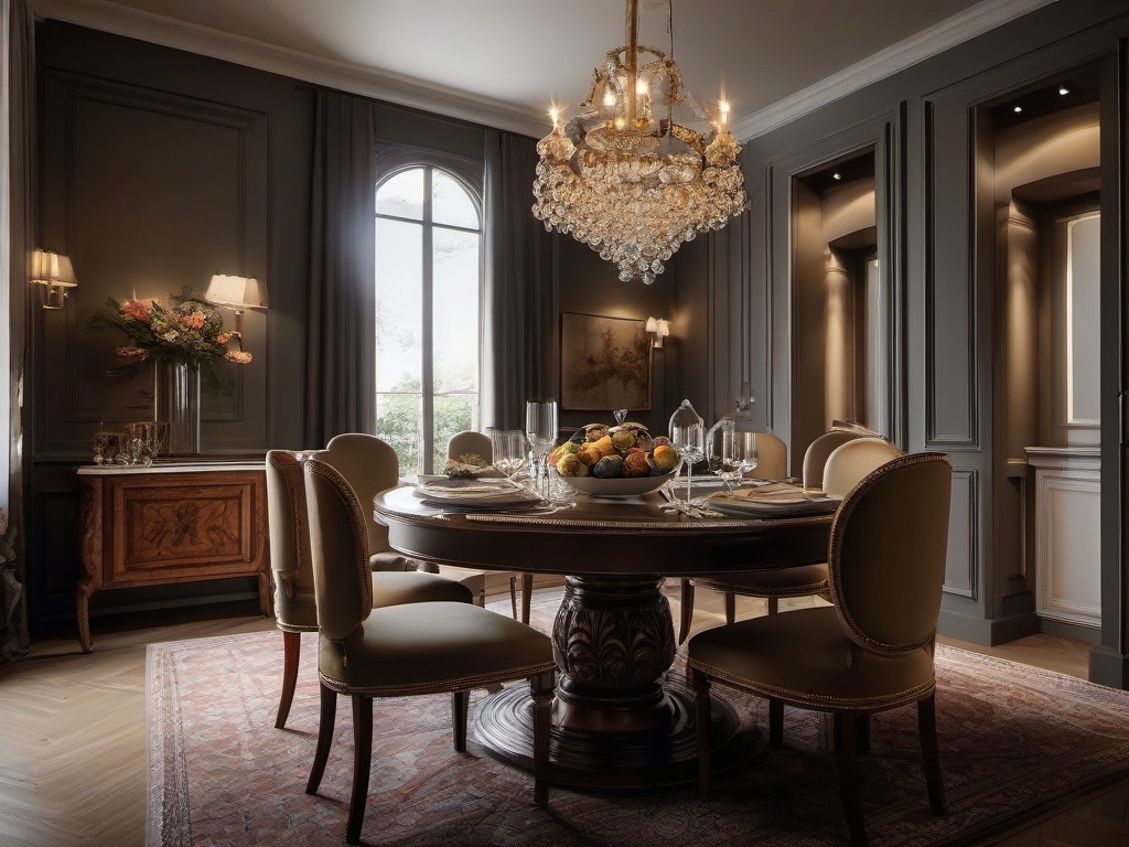 The dining nook features Italian Renaissance interior design with a beautifully crafted table, elegant chairs, and rich textiles that create an intimate and stylish space for meals.  