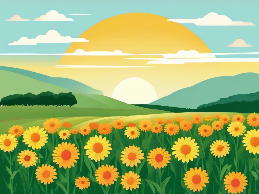 June clipart - sun shining over a field of flowers in June  color,minimalist,vector clipart