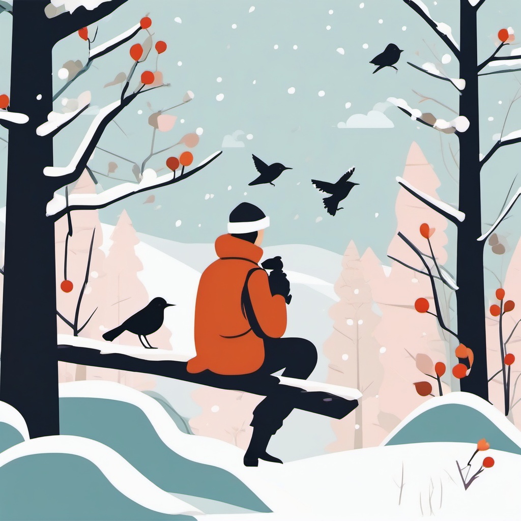 Winter Birdwatching clipart - Birdwatching in a winter forest, ,vector color clipart,minimal