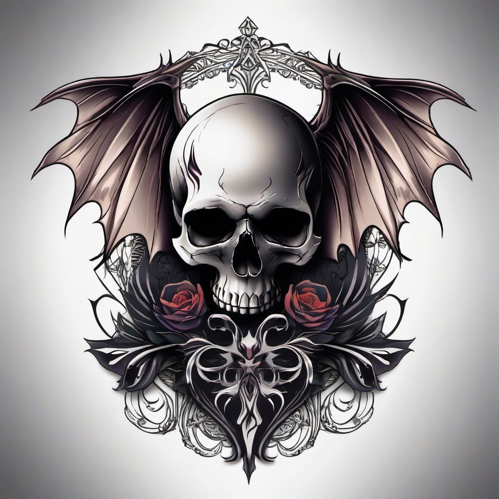 Skull with Bat Wings Tattoo-Mystical and dark tattoo featuring a skull with bat wings, creating a captivating and symbolic design.  simple color tattoo,white background
