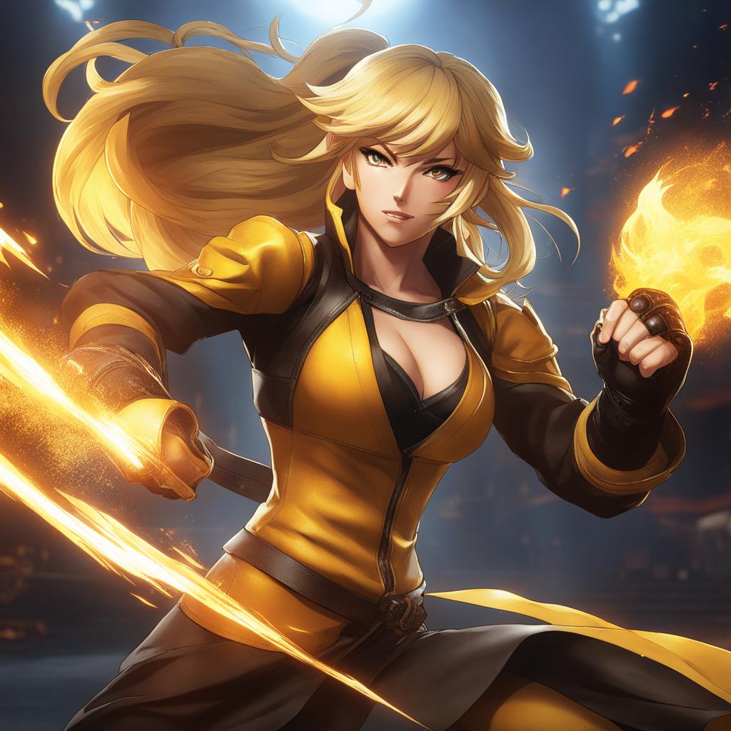 yang xiao long delivers powerful punches and kicks in combat. 