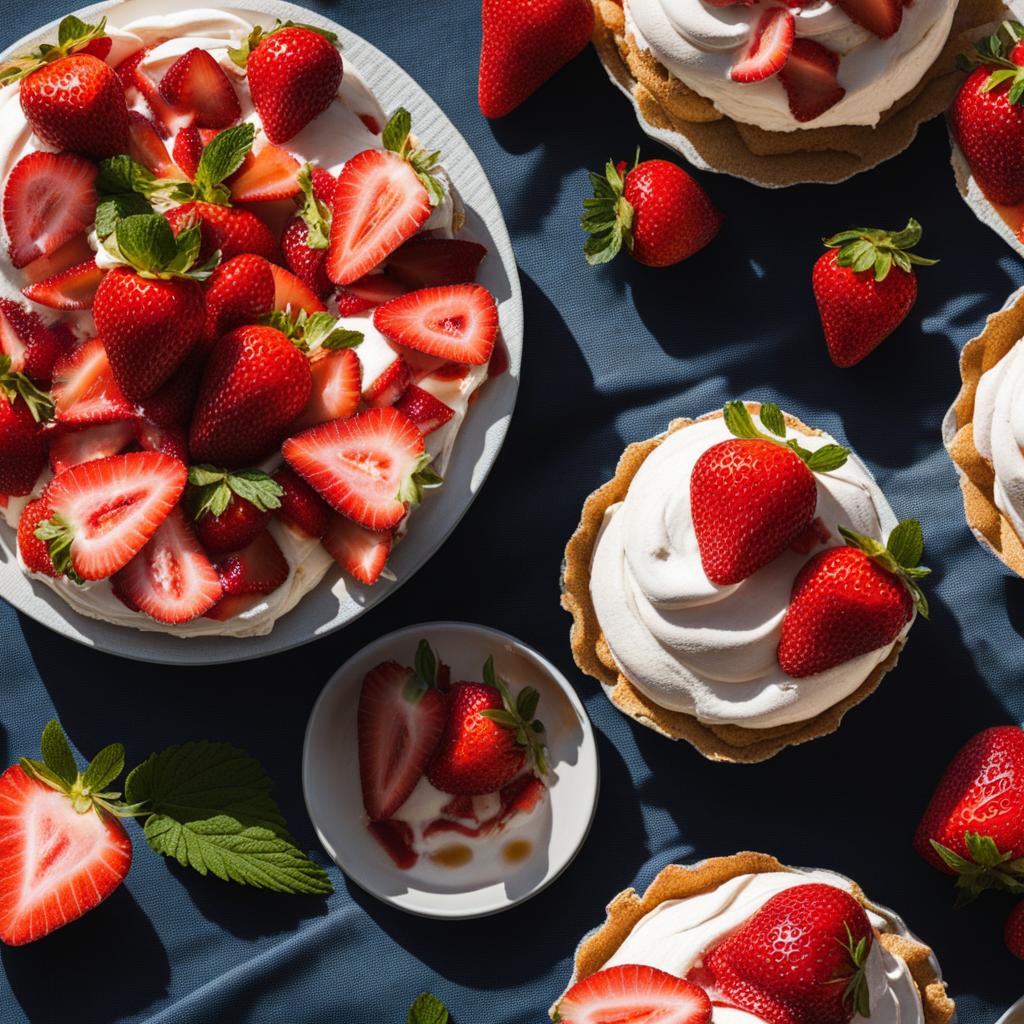 strawberry pavlova, a new zealand favorite, devoured at a beachside picnic on a sunny day. 