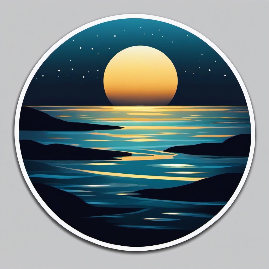 Full Moon over Ocean Emoji Sticker - Moonlit reflections on calm waters, , sticker vector art, minimalist design