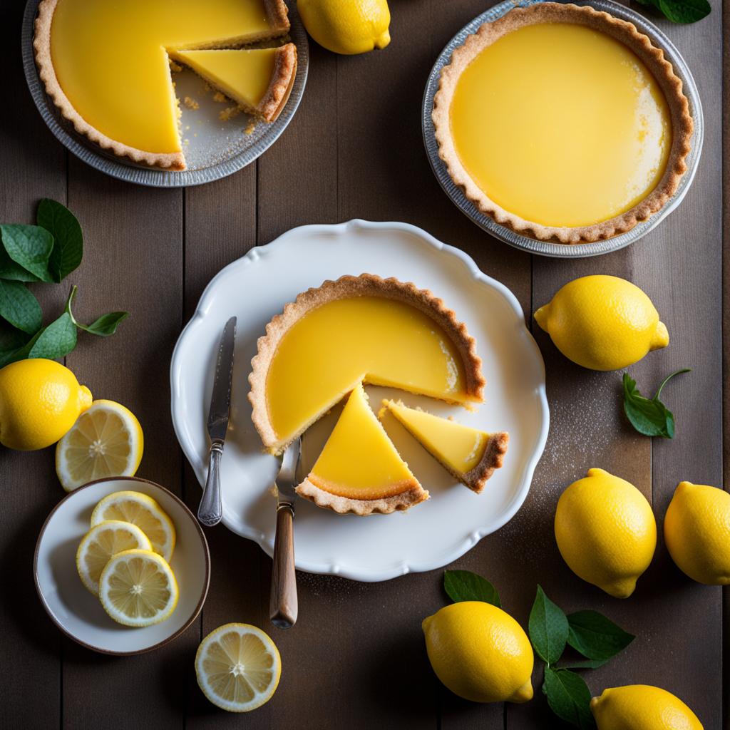 a slice of silky lemon tart, with a zesty lemon curd filling and a buttery, crumbly crust. 