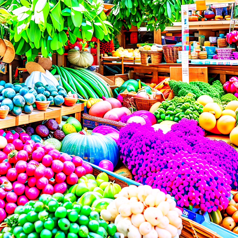 farmers' market, a bustling scene filled with fresh produce, artisanal goods, and colorful stalls. 