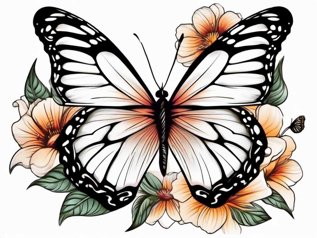 Butterfly resting on a blooming flower tattoo. Nature's serene embrace.  color tattoo, white background