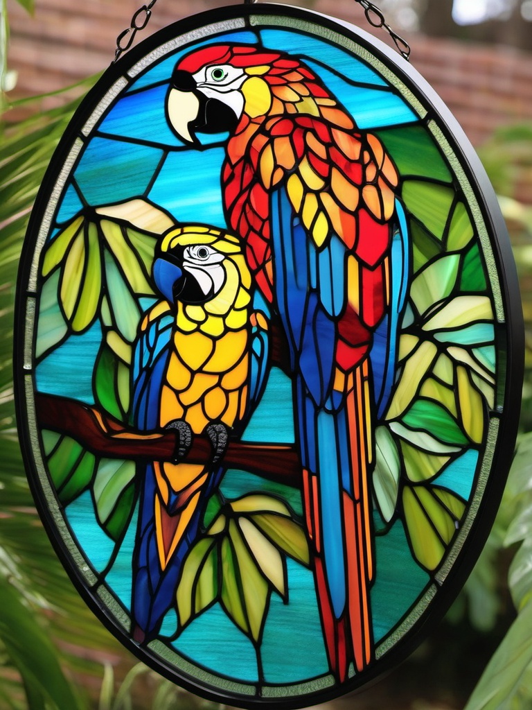 Macaw Stained Glass - Infuse tropical vibes with macaw stained glass, showcasing these vibrant parrots in colorful and eye-catching designs.  