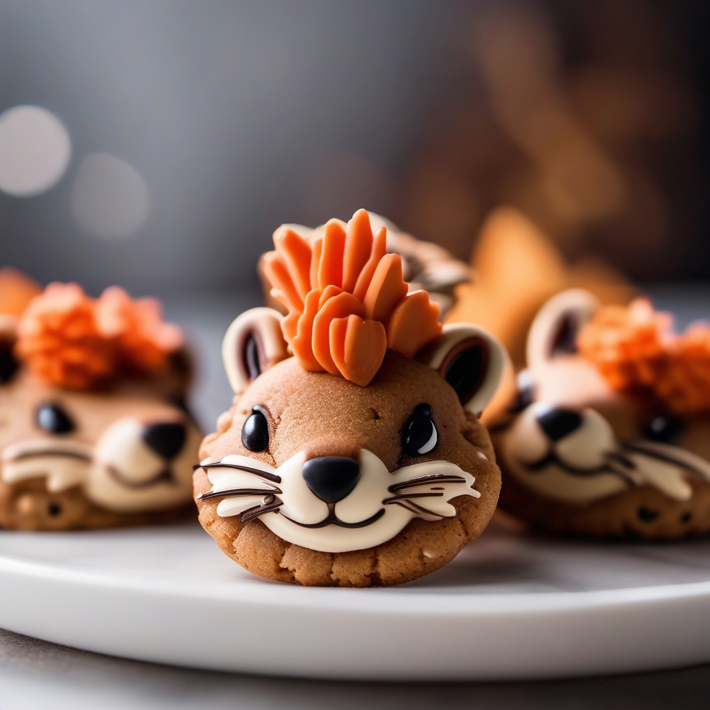 cinematic, close up, cute squirrel hat cookies, high contrast, shot on Canon EOS 5D Mark IV