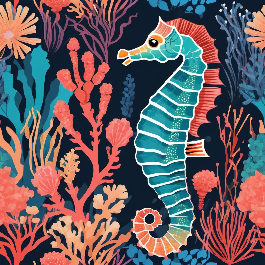 Seahorse Clipart - Seahorse floating among colorful coral reefs , minimal, 2d