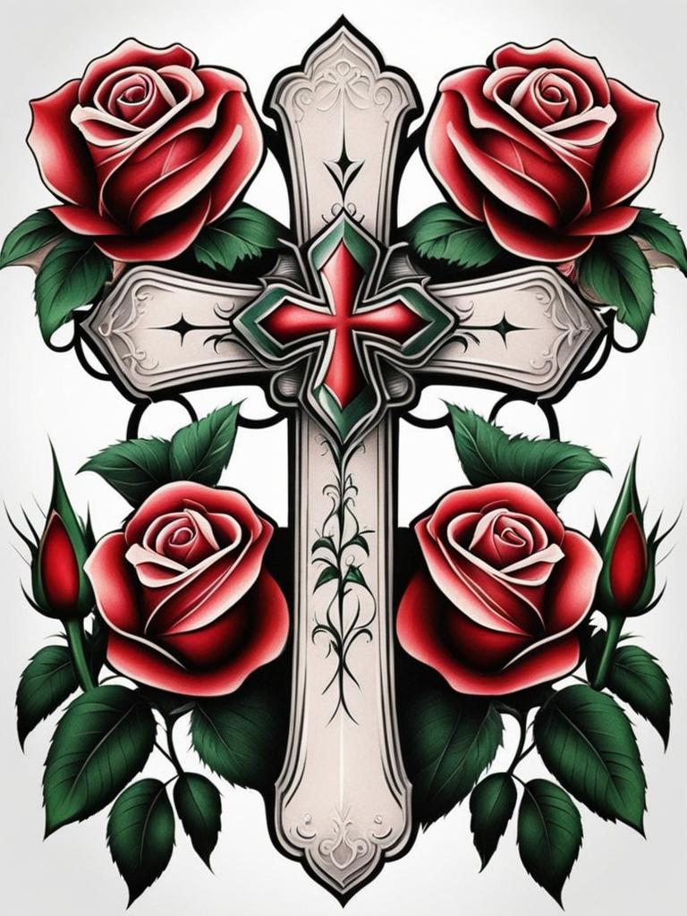 Cross with roses tattoo, Tattoos that blend the symbolism of crosses and roses. , color tattoo design, clean white background