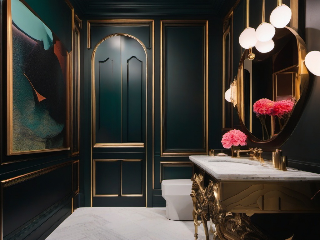 In the powder room, surrealist interior design includes imaginative fixtures, vibrant decor, and unexpected colors that transform a small space into a whimsical and stylish experience.  