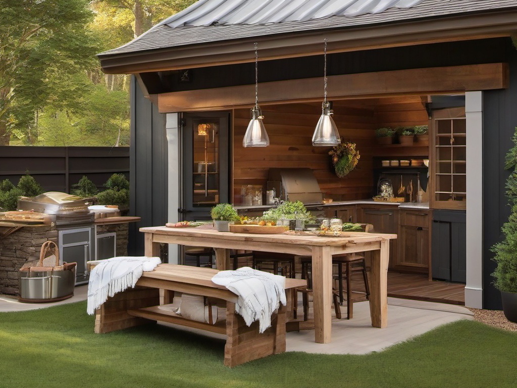 Farmhouse outdoor kitchen offers a large wooden dining table, a farmhouse sink, and rustic decor that create a warm and welcoming outdoor cooking space.  