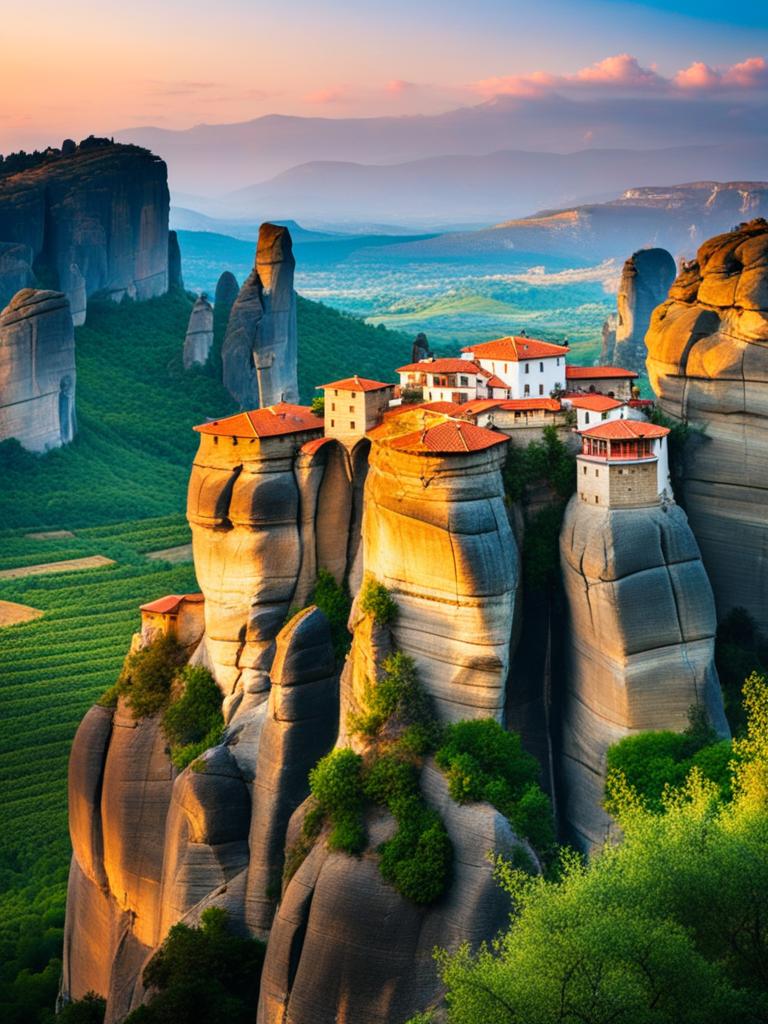 meteora, greece - paint the majestic monasteries of meteora perched atop towering rock formations, set against a celestial backdrop. 