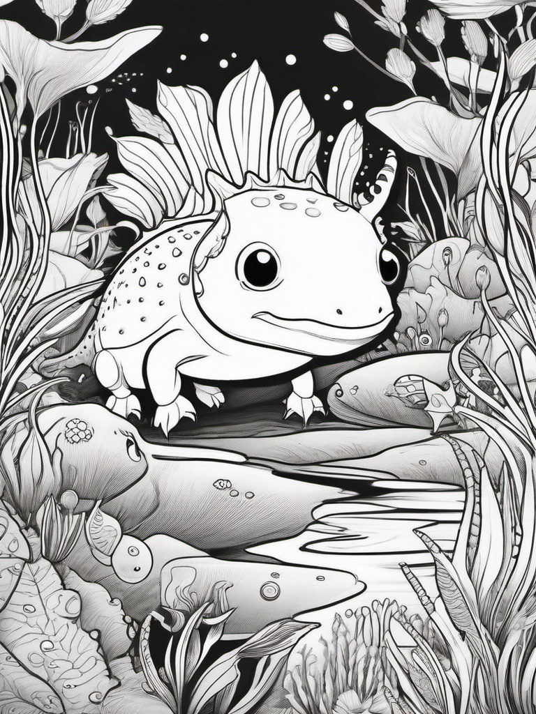 Axolotl Coloring Pages - Axolotl exploring a magical underwater kingdom  simple coloring pages