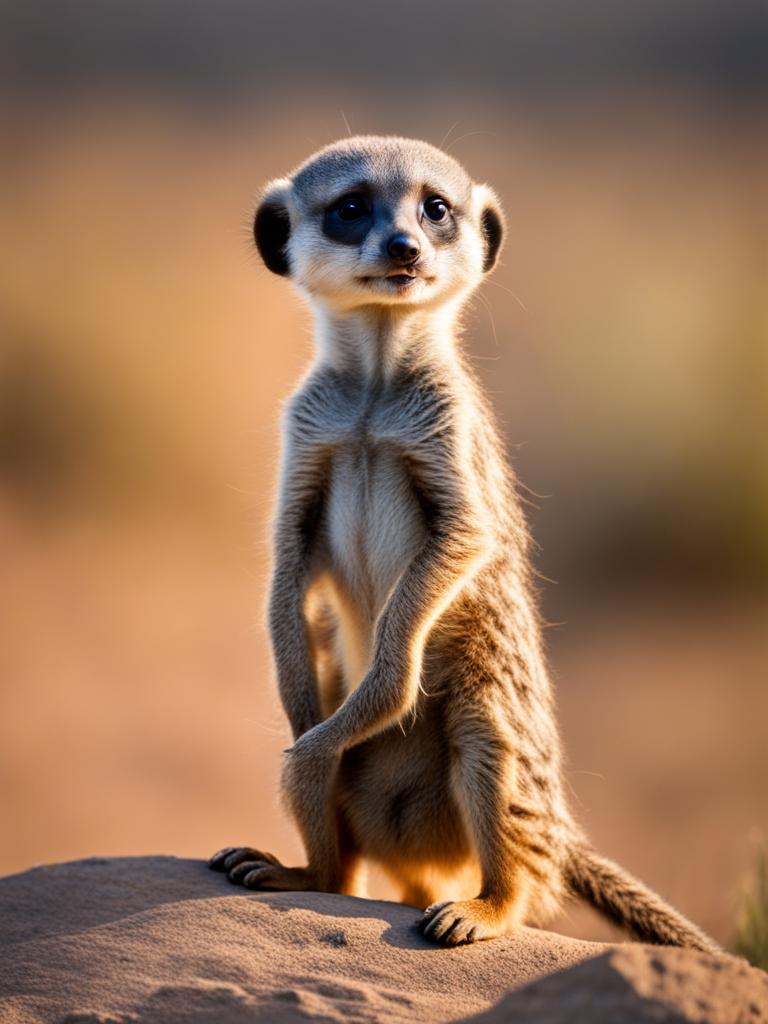 adorable meerkat pup standing on its hind legs to survey the savanna. 