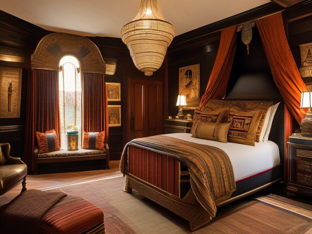 In the guest bedroom, Egyptian Revival interior design offers a luxurious atmosphere with rich textiles, ornate decor, and thematic elements that make visitors feel like they are in a historical escape.  