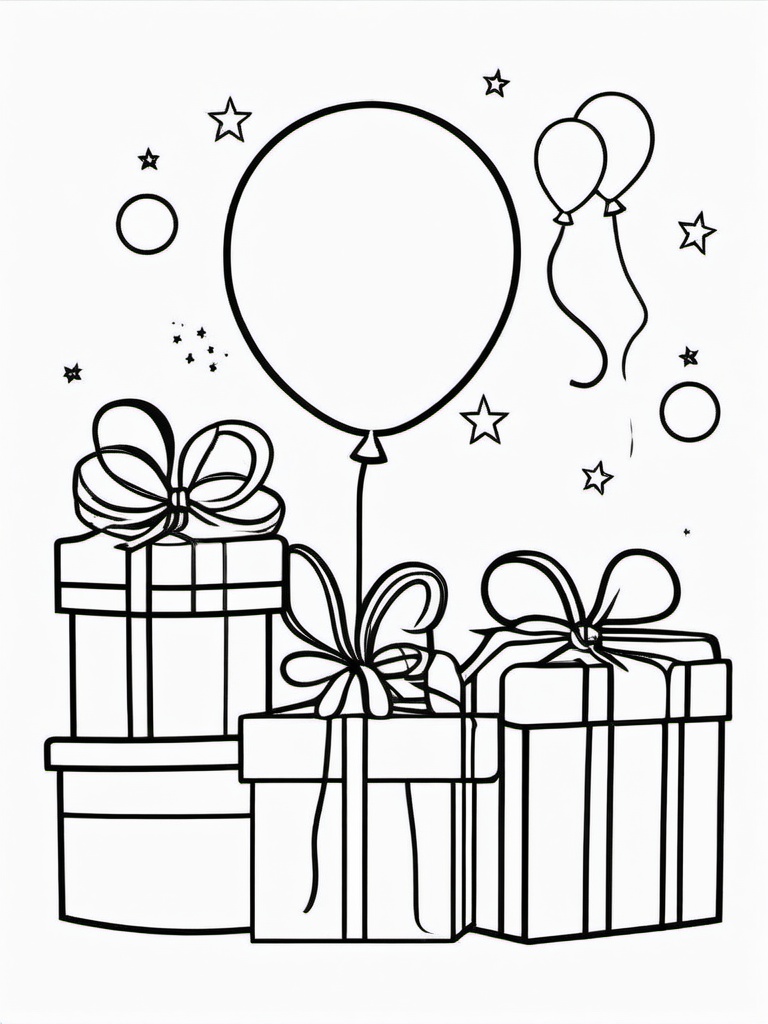 Birthday Party Coloring Pages - Exciting Party with Balloons and Gifts  minimal black outline printable sheet, coloring page