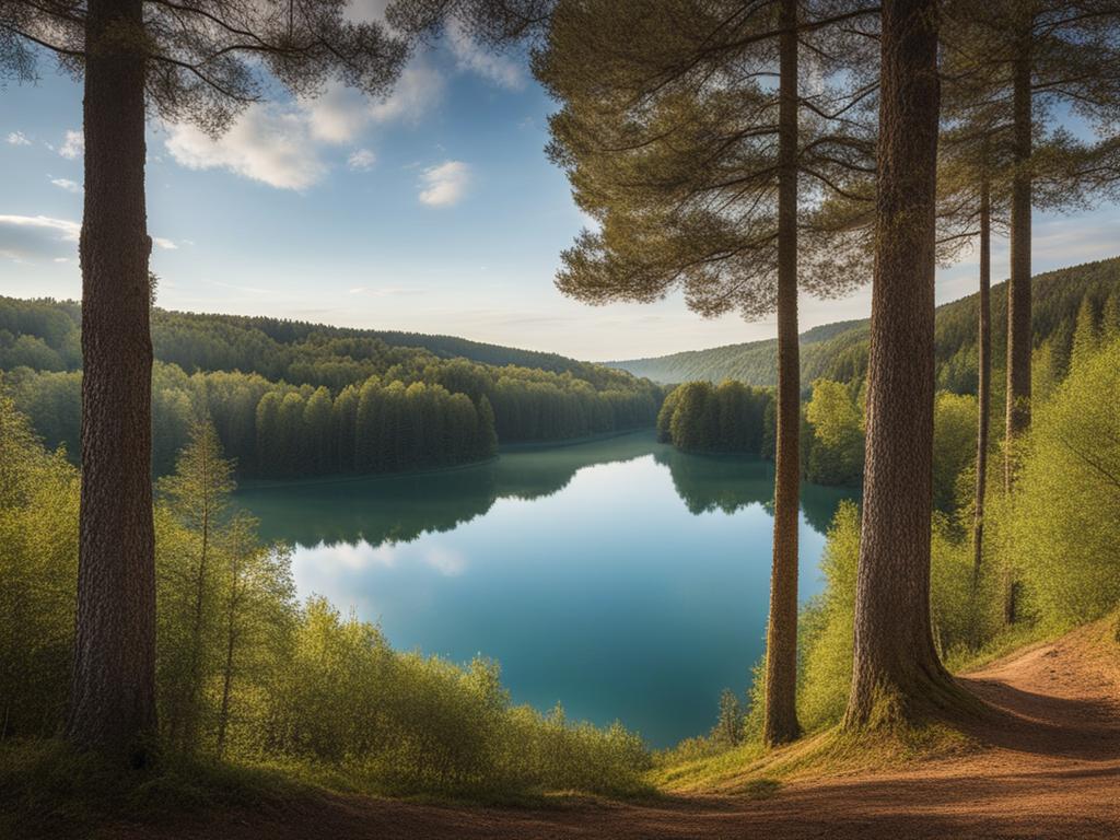 enigmatic landes de gascogne - create an artwork that conveys the enigma of the landes de gascogne, with vast pine forests and pristine lakes. 