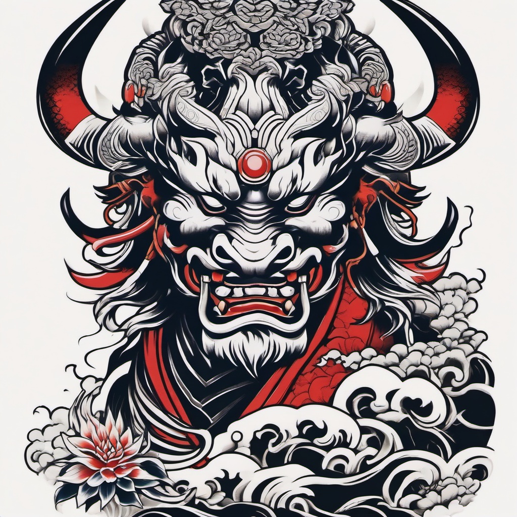 Oni Irezumi - Tattoo featuring the Oni in a traditional Japanese Irezumi style.  simple color tattoo,white background,minimal