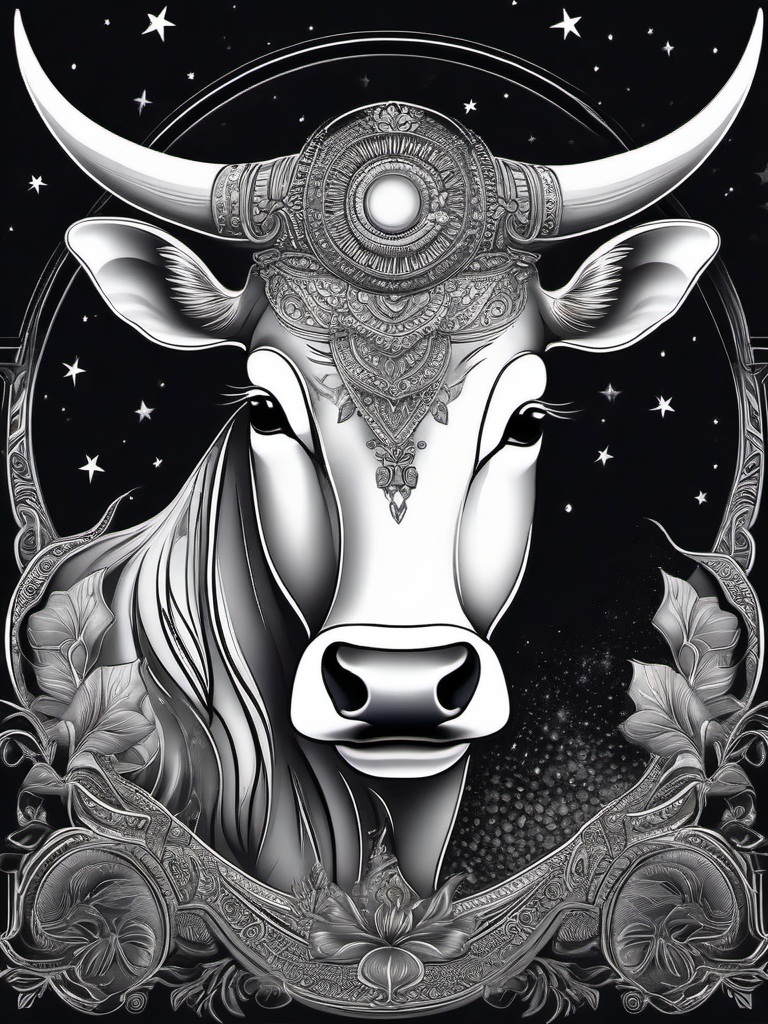 Dreamy moonlit cow tattoo: Ethereal beauty, nocturnal serenity.  black and white tattoo style