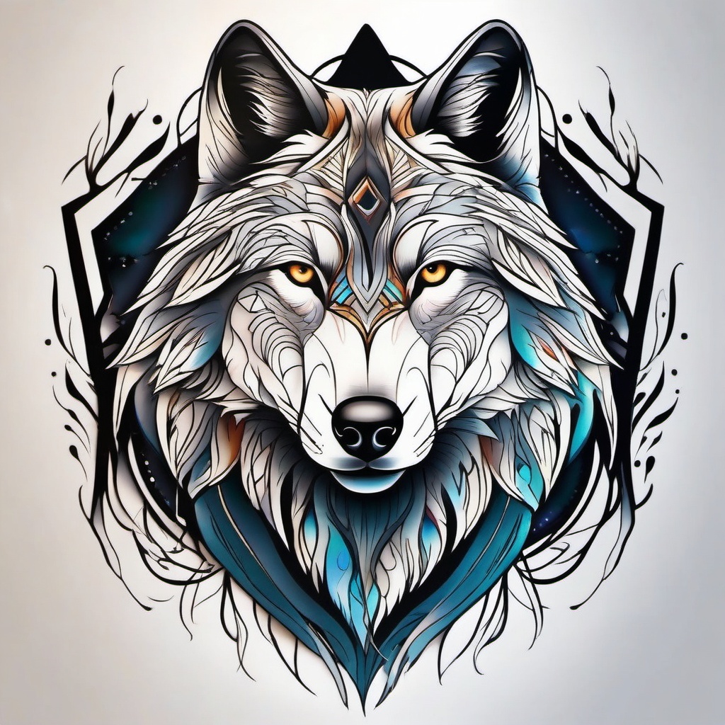 Tattoo for Wolf,enigmatic and alluring portrayal of a wolf, canvas for expressing one's wild spirit. , color tattoo design, white clean background