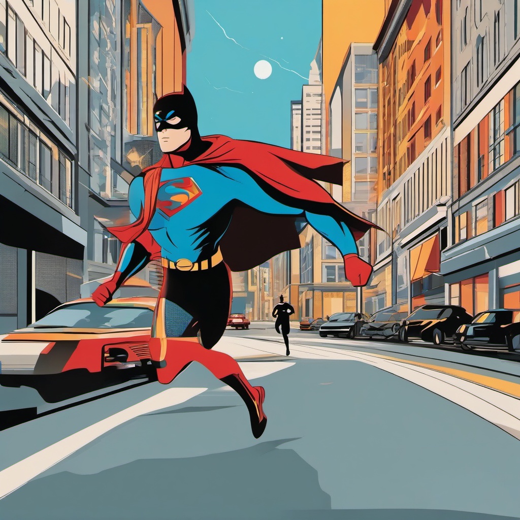 Superhero clipart - superhero sprinting through a busy city  color,minimalist,vector clipart