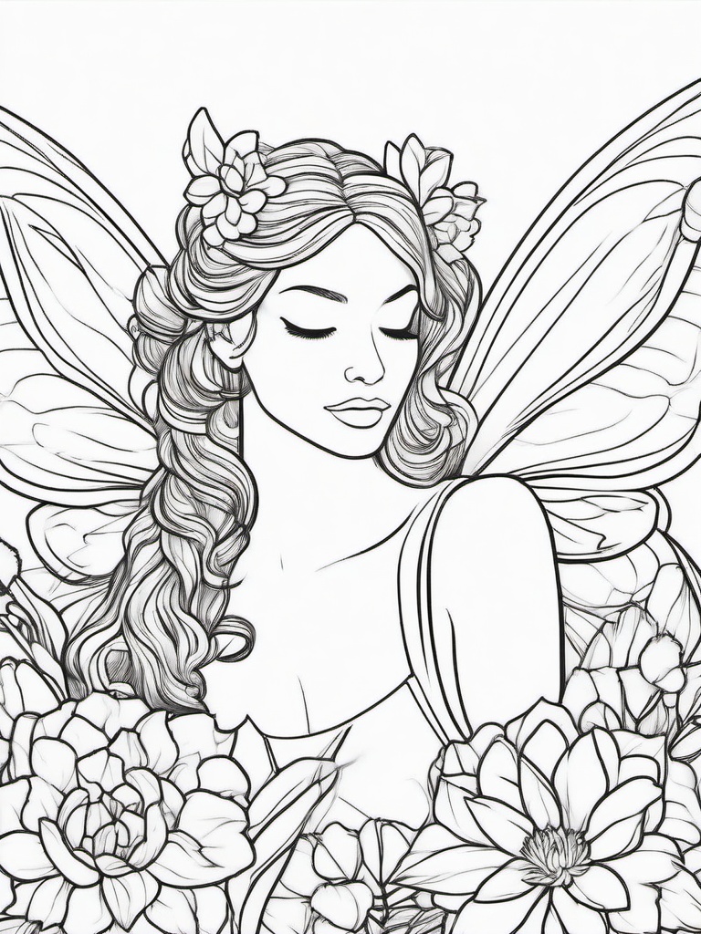 Fairy Resting on a Flower Petal Coloring Pages - Fairy Napping on a Soft Petal  minimal black outline printable sheet, coloring page