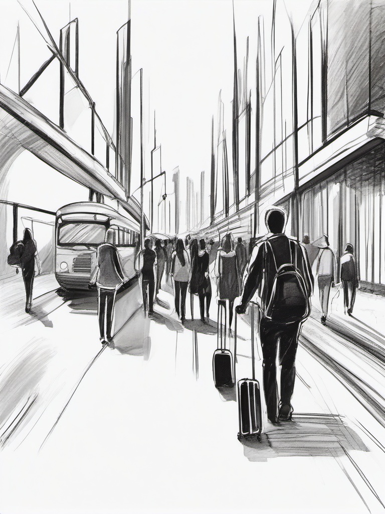 drawing of people traveling  minimal rough sketch scribbles,doodles,black and white